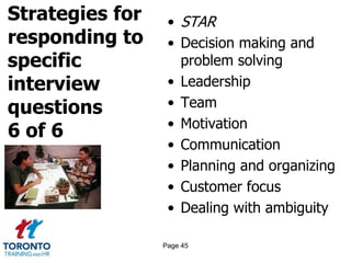 Strategies for
responding to
specific
interview
questions
6 of 6
• STAR
• Decision making and
problem solving
• Leadership
• Team
• Motivation
• Communication
• Planning and organizing
• Customer focus
• Dealing with ambiguity
Page 45
 