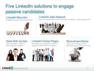 Five LinkedIn solutions to engage
passive candidates
LinkedIn Recruiter                           LinkedIn Jobs Network
Engage the world’s best passive talent       Get your opportunities in front of the right candidates – passive and active




Work With Us Ads                    LinkedIn Career Pages                             Recruitment Media
Take advantage of traffic to        Showcase your employment brand to                 Share your message with the
your employees’ profiles            targeted professionals on LinkedIn                professionals you care most about




            Recruiting Solutions                                                                                     8
 