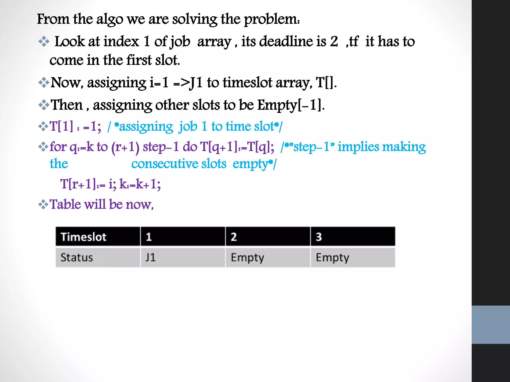 From the algo we are solving the problem:
 Look at index 1 of job array , its deadline is 2 ,tf it has to
come in the first slot.
Now, assigning i=1 =>J1 to timeslot array, T[].
Then , assigning other slots to be Empty[-1].
T[1] : =1; / *assigning job 1 to time slot*/
for q:=k to (r+1) step-1 do T[q+1]:=T[q]; /*”step-1” implies making
the consecutive slots empty*/
T[r+1]:= i; k:=k+1;
Table will be now,
 
