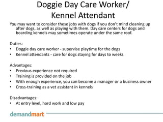 Doggie Day Care Worker/Kennel AttendantYou may want to consider these jobs with dogs if you don’t mind cleaning up after dogs, as well as playing with them. Day care centers for dogs and boarding kennels may sometimes operate under the same roof. Duties:Doggie day care worker - supervise playtime for the dogsKennel attendants - care for dogs staying for days to weeks  Advantages:Previous experience not requiredTraining is provided on the jobWith enough experience, you can become a manager or a business ownerCross-training as a vet assistant in kennels Disadvantages:At entry level, hard work and low pay