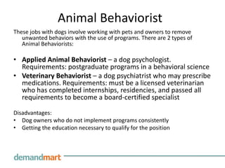 Animal BehavioristThese jobs with dogs involve working with pets and owners to remove unwanted behaviors with the use of programs. There are 2 types of Animal Behaviorists:Applied Animal Behaviorist – a dog psychologist. Requirements: postgraduate programs in a behavioral scienceVeterinary Behaviorist – a dog psychiatrist who may prescribe medications. Requirements: must be a licensed veterinarian who has completed internships, residencies, and passed all requirements to become a board-certified specialist Disadvantages:Dog owners who do not implement programs consistentlyGetting the education necessary to qualify for the position