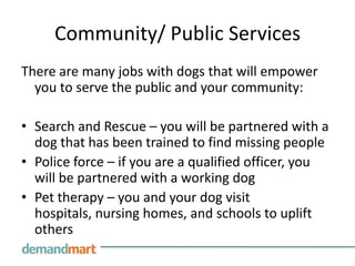 Community/ Public ServicesThere are many jobs with dogs that will empower you to serve the public and your community:Search and Rescue – you will be partnered with a dog that has been trained to find missing peoplePolice force – if you are a qualified officer, you will be partnered with a working dogPet therapy – you and your dog visit hospitals, nursing homes, and schools to uplift others
