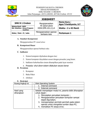 JOBSHEET
SMK N 1 Cirebon Mengoperasikan
PC stand alone
HDW.OPR.101.(1).A
Nama Guru :
Agus Triwidiyanto, S.T
Bidang Studi : KKPI
Bid. Keahlian : Smua Program
keahlian
Waktu : 2 x 45 Menit
Kelas / Sem : X / satu
Mengoperasikan operasi
berbasis teks
Pertemuan 1
A. Standart Kompetensi
Mengoperasikan PC stand alone
B. Kompetensi Dasar
Mengoperasikan operasi berbasis teks
C. Indikator
1. Sistem komputer dijelaskan dengan rinci
2. Sistem komputer dinyalakan sesuai dengan prosedur yang benar.
3. Indikator keberhasilan sistem ditampilkan pada layar monitor
4. Prosedur shut down sistem dilakukan secara benar
D. Peralatan
1. Komputer
2. Buku Paket
3. Jobsheet
E. Deskripsi
Ruang lingkup isi : Disk Operating System
1. Internal command
2. External command
Hasil yang
diharapkan
: Setelah mempelajari modul ini, peserta didik diharapkan
untuk dapat :
1. Menyiapkan penyalaan komputer ;
2. Mengoperasikan penyalaan komputer sampai
dapat digunakan;
3. menoperasikan perintah-perintah pada sistem
operasi untuk mengelola sumber daya PC;
4. mematikan PC tanpa error;
PEMERINTAH KOTA CIREBON
DINAS PENDIDIKAN
SMK NEGERI 1 CIREBON
Jalan Perjuangan (0231) 480202, 487346 Cirebon 45132
 