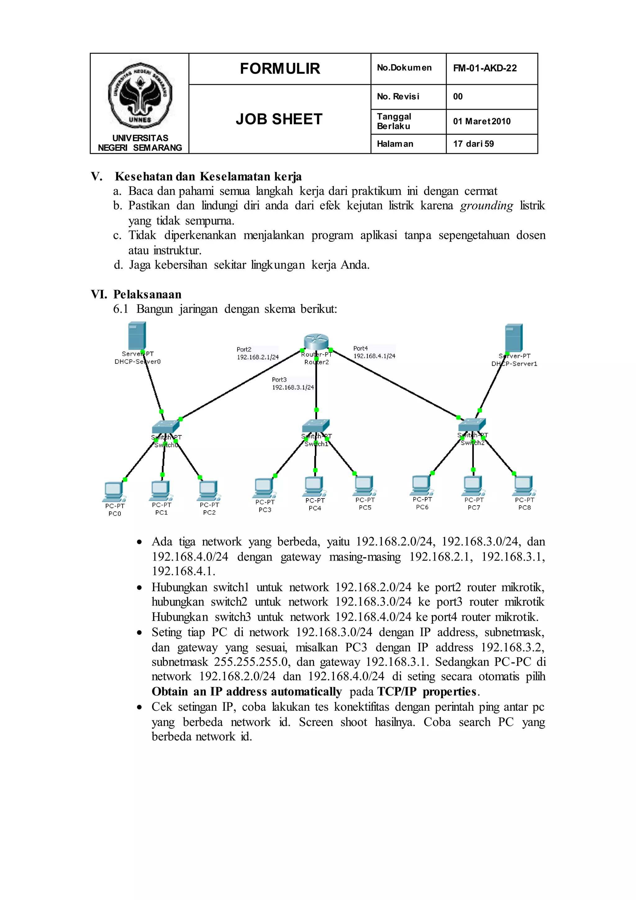 UNIVERSITAS
NEGERI SEMARANG
FORMULIR No.Dokumen FM-01-AKD-22
JOB SHEET
No. Revisi 00
Tanggal
Berlaku
01 Maret2010
Halaman 17 dari 59
V. Kesehatan dan Keselamatan kerja
a. Baca dan pahami semua langkah kerja dari praktikum ini dengan cermat
b. Pastikan dan lindungi diri anda dari efek kejutan listrik karena grounding listrik
yang tidak sempurna.
c. Tidak diperkenankan menjalankan program aplikasi tanpa sepengetahuan dosen
atau instruktur.
d. Jaga kebersihan sekitar lingkungan kerja Anda.
VI. Pelaksanaan
6.1 Bangun jaringan dengan skema berikut:
 Ada tiga network yang berbeda, yaitu 192.168.2.0/24, 192.168.3.0/24, dan
192.168.4.0/24 dengan gateway masing-masing 192.168.2.1, 192.168.3.1,
192.168.4.1.
 Hubungkan switch1 untuk network 192.168.2.0/24 ke port2 router mikrotik,
hubungkan switch2 untuk network 192.168.3.0/24 ke port3 router mikrotik
Hubungkan switch3 untuk network 192.168.4.0/24 ke port4 router mikrotik.
 Seting tiap PC di network 192.168.3.0/24 dengan IP address, subnetmask,
dan gateway yang sesuai, misalkan PC3 dengan IP address 192.168.3.2,
subnetmask 255.255.255.0, dan gateway 192.168.3.1. Sedangkan PC-PC di
network 192.168.2.0/24 dan 192.168.4.0/24 di seting secara otomatis pilih
Obtain an IP address automatically pada TCP/IP properties.
 Cek setingan IP, coba lakukan tes konektifitas dengan perintah ping antar pc
yang berbeda network id. Screen shoot hasilnya. Coba search PC yang
berbeda network id.
 