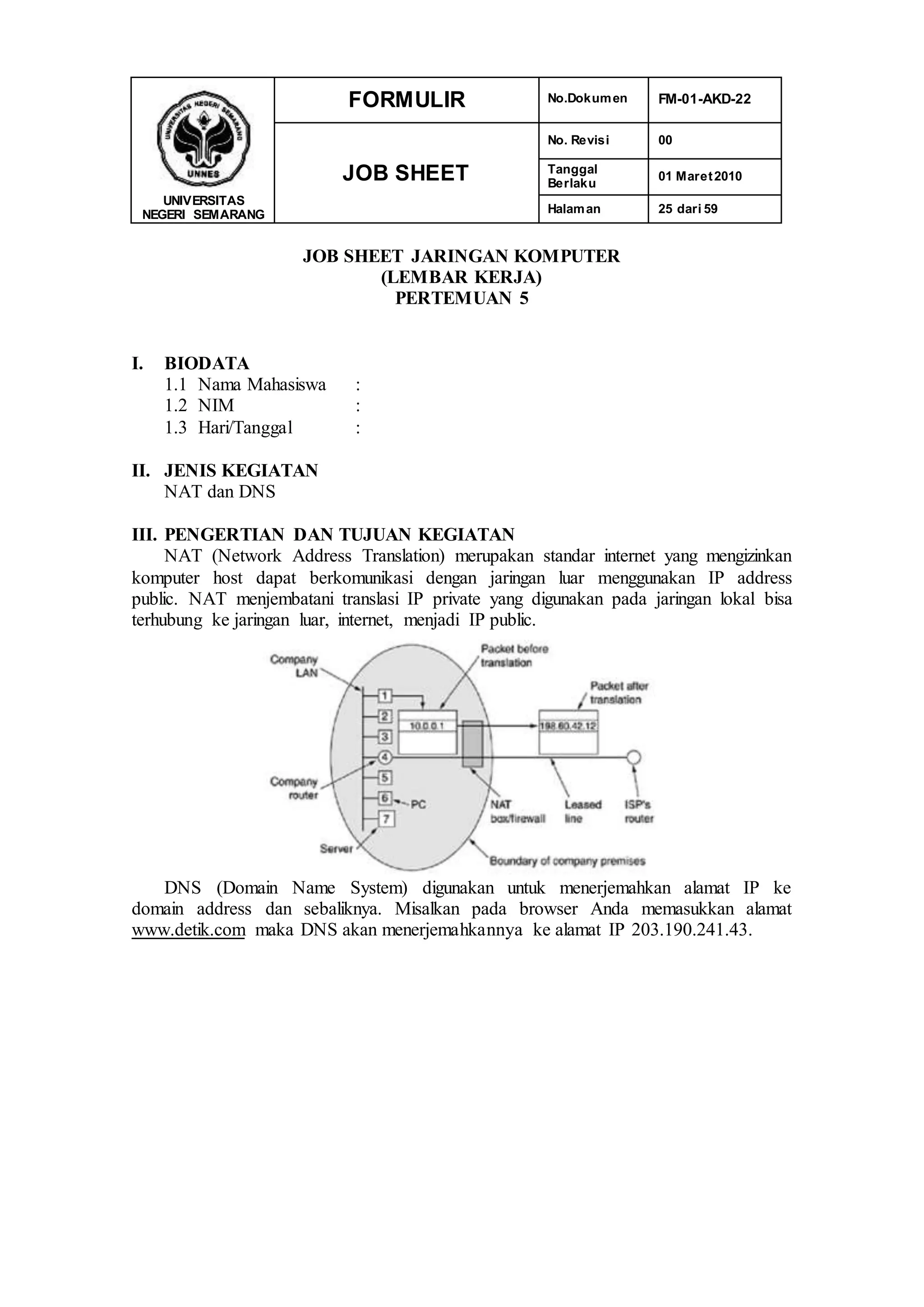 UNIVERSITAS
NEGERI SEMARANG
FORMULIR No.Dokumen FM-01-AKD-22
JOB SHEET
No. Revisi 00
Tanggal
Berlaku
01 Maret2010
Halaman 25 dari 59
JOB SHEET JARINGAN KOMPUTER
(LEMBAR KERJA)
PERTEMUAN 5
I. BIODATA
1.1 Nama Mahasiswa :
1.2 NIM :
1.3 Hari/Tanggal :
II. JENIS KEGIATAN
NAT dan DNS
III. PENGERTIAN DAN TUJUAN KEGIATAN
NAT (Network Address Translation) merupakan standar internet yang mengizinkan
komputer host dapat berkomunikasi dengan jaringan luar menggunakan IP address
public. NAT menjembatani translasi IP private yang digunakan pada jaringan lokal bisa
terhubung ke jaringan luar, internet, menjadi IP public.
DNS (Domain Name System) digunakan untuk menerjemahkan alamat IP ke
domain address dan sebaliknya. Misalkan pada browser Anda memasukkan alamat
www.detik.com maka DNS akan menerjemahkannya ke alamat IP 203.190.241.43.
 