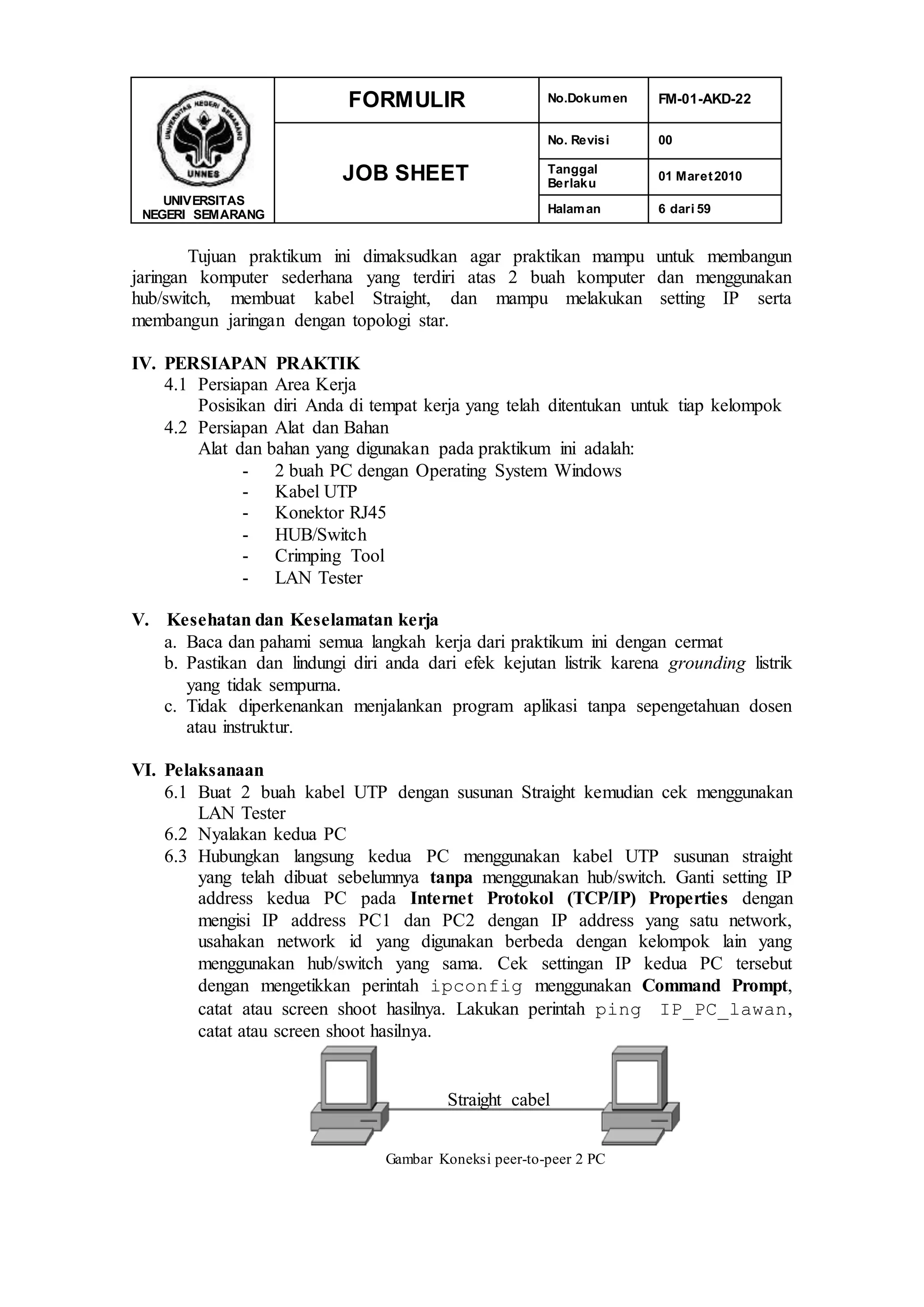 UNIVERSITAS
NEGERI SEMARANG
FORMULIR No.Dokumen FM-01-AKD-22
JOB SHEET
No. Revisi 00
Tanggal
Berlaku
01 Maret2010
Halaman 6 dari 59
Tujuan praktikum ini dimaksudkan agar praktikan mampu untuk membangun
jaringan komputer sederhana yang terdiri atas 2 buah komputer dan menggunakan
hub/switch, membuat kabel Straight, dan mampu melakukan setting IP serta
membangun jaringan dengan topologi star.
IV. PERSIAPAN PRAKTIK
4.1 Persiapan Area Kerja
Posisikan diri Anda di tempat kerja yang telah ditentukan untuk tiap kelompok
4.2 Persiapan Alat dan Bahan
Alat dan bahan yang digunakan pada praktikum ini adalah:
- 2 buah PC dengan Operating System Windows
- Kabel UTP
- Konektor RJ45
- HUB/Switch
- Crimping Tool
- LAN Tester
V. Kesehatan dan Keselamatan kerja
a. Baca dan pahami semua langkah kerja dari praktikum ini dengan cermat
b. Pastikan dan lindungi diri anda dari efek kejutan listrik karena grounding listrik
yang tidak sempurna.
c. Tidak diperkenankan menjalankan program aplikasi tanpa sepengetahuan dosen
atau instruktur.
VI. Pelaksanaan
6.1 Buat 2 buah kabel UTP dengan susunan Straight kemudian cek menggunakan
LAN Tester
6.2 Nyalakan kedua PC
6.3 Hubungkan langsung kedua PC menggunakan kabel UTP susunan straight
yang telah dibuat sebelumnya tanpa menggunakan hub/switch. Ganti setting IP
address kedua PC pada Internet Protokol (TCP/IP) Properties dengan
mengisi IP address PC1 dan PC2 dengan IP address yang satu network,
usahakan network id yang digunakan berbeda dengan kelompok lain yang
menggunakan hub/switch yang sama. Cek settingan IP kedua PC tersebut
dengan mengetikkan perintah ipconfig menggunakan Command Prompt,
catat atau screen shoot hasilnya. Lakukan perintah ping IP_PC_lawan,
catat atau screen shoot hasilnya.
Gambar Koneksi peer-to-peer 2 PC
Straight cabel
 