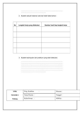 …………………………………………………………………………
…………………………………………..
2. Buatlah sebuah halaman web dan Isilah table berikut :
3. Buatlah kesimpulan dari praktkum yang telah dilakukan.
…………………………………………………………………………
…………………………………………………………………………
…………………………………………………………………………
…………………………………………………………………………
…………………………………………………………………………
…………………………………………………………………………
…………………………………………..
1. Hasil pengamatan
No Langkah kerja yang dilakukan Gambar hasil tiap langkah kerja
Tanggal :
SMK
NEGERI 1
Padang
Prog. Keahlian :
Nama Peserta :
Kelas/Group :
Disusun :
JOB Ke :
 