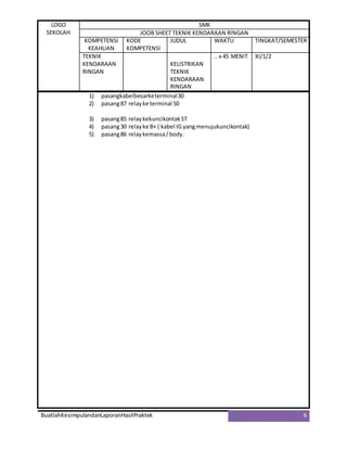 LOGO
SEKOLAH
SMK
JOOB SHEET TEKNIK KENDARAAN RINGAN
KOMPETENSI
KEAHLIAN
KODE
KOMPETENSI
JUDUL WAKTU TINGKAT/SEMESTER
TEKNIK
KENDARAAN
RINGAN
KELISTRIKAN
TEKNIK
KENDARAAN
RINGAN
.. x 45 MENIT XI/1/2
BuatlahKesimpulandanLaporanHasilPraktek 6
1) pasangkabelbesarketerminal30
2) pasang87 relayke terminal 50
3) pasang85 relaykekuncikontakST
4) pasang30 relayke B+ ( kabel IG yangmenujukuncikontak)
5) pasang86 relaykemassa/body.
 