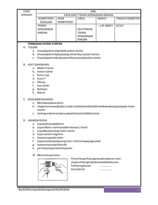 LOGO
SEKOLAH
SMK
JOOB SHEET TEKNIK KENDARAAN RINGAN
KOMPETENSI
KEAHLIAN
KODE
KOMPETENSI
JUDUL WAKTU TINGKAT/SEMESTER
TEKNIK
KENDARAAN
RINGAN
KELISTRIKAN
TEKNIK
KENDARAAN
RINGAN
.. x 45 MENIT XI/1/2
BuatlahKesimpulandanLaporanHasilPraktek 1
PERBAIKAN SISTEM STARTER
A. TUJUAN
a. Siswadapatmemperbaiki systemstarter
b. Siswadapatmelepaspasang,memeriksasystemstarter.
c. Siswadapatmelakukanpemeliharaanpadasistemstarter
B. ALAT DAN BAHAN
a. Mobil/Trainer
b. motor starter
c. Kunci ring
d. Kunci T
e. Obeng
f. Avometer
g. Nampan.
h. Batere
C. KESELAMATAN KERJA
a. Memakaipakaiankerja
b. Janganmemasangkabel jumperpadabaterejikatidakmelakukanpengujianpadamotor
starter.
c. selalugunakannampansupayakomponentidaktercecer.
D. LANGKAHKERJA
a. LepaskabelpadaBatere
b. LepasMotor starterpadakendaraan/stand
c. LepasBautpanjangmotorstarter
d. lepasswitchmagnetic
e. lepastutuppadastator
f. lepassikatdandudukanya,hati–hatimelepaspegassikat
g. lepasarmaturdanfielcoild
h. periksasatupersatukomponen
 Memeriksaarmatur
Pemeriksaanhubungmassakumparanrotor,
jikajarumbergerakberartiadakkebocoran.
hasilpengukuran : .……………
kesimpulan : .……………
 