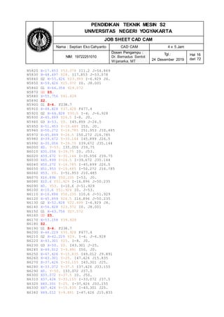 PENDIDIKAN TEKNIK MESIN S2
UNIVERSITAS NEGERI YOGYAKARTA
JOB SHEET CAD CAM
Nama : Septian Eko Cahyanto CAD CAM 4 x 5 Jam
NIM: 19722251010
Dosen Pengampu :
Dr. Bernadus Sentot
Wijanarka, MT
Tgl.:
24 Desember 2019
Hal 16
dari 72
N5820 X-17.853 Y53.078 I11.2 J-54.869
N5830 X-48.497 Y28. I17.853 J-53.078
N5840 G2 X-55.426 Y23.999 I-6.929 J4.
N5850 X-59.426 Y25.072 I0. J8.001
N5860 G1 X-66.354 Y29.072
N5870 G0 Z5.
N5880 X-55.756 Y41.428
N5890 Z2.
N5900 G1 Z-4. F238.7
N5910 X-48.828 Y37.428 F477.4
N5920 G2 X-44.828 Y30.5 I-4. J-6.928
N5930 X-45.899 Y26.5 I-8. J0.
N5940 G3 X-53. Y0. I45.899 J-26.5
N5950 X-51.953 Y-10.485 I53. J0.
N5960 X-50.272 Y-16.785 I51.953 J10.485
N5970 X-45.899 Y-26.5 I50.272 J16.785
N5980 X-39.672 Y-35.144 I45.899 J26.5
N5990 X-35.056 Y-39.75 I39.672 J35.144
N6000 X0. Y-53. I35.056 J39.75
N6010 X35.056 Y-39.75 I0. J53.
N6020 X39.672 Y-35.144 I-35.056 J39.75
N6030 X45.899 Y-26.5 I-39.672 J35.144
N6040 X50.272 Y-16.785 I-45.899 J26.5
N6050 X51.953 Y-10.485 I-50.272 J16.785
N6060 X53. Y0. I-51.953 J10.485
N6070 X16.896 Y50.235 I-53. J0.
N6080 X10.6 Y51.929 I-16.896 J-50.235
N6090 X0. Y53. I-10.6 J-51.929
N6100 X-10.6 Y51.929 I0. J-53.
N6110 X-16.896 Y50.235 I10.6 J-51.929
N6120 X-45.899 Y26.5 I16.896 J-50.235
N6130 G2 X-52.828 Y22.499 I-6.929 J4.
N6140 X-56.828 Y23.572 I0. J8.001
N6150 G1 X-63.756 Y27.572
N6160 G0 Z5.
N6170 X-53.158 Y39.928
N6180 Z2.
N6190 G1 Z-4. F238.7
N6200 X-46.229 Y35.928 F477.4
N6210 G2 X-42.229 Y29. I-4. J-6.928
N6220 X-43.301 Y25. I-8. J0.
N6230 G3 X-50. Y0. I43.301 J-25.
N6240 X-49.012 Y-9.891 I50. J0.
N6250 X-47.426 Y-15.835 I49.012 J9.891
N6260 X-43.301 Y-25. I47.426 J15.835
N6270 X-37.426 Y-33.155 I43.301 J25.
N6280 X-33.072 Y-37.5 I37.426 J33.155
N6290 X0. Y-50. I33.072 J37.5
N6300 X33.072 Y-37.5 I0. J50.
N6310 X37.426 Y-33.155 I-33.072 J37.5
N6320 X43.301 Y-25. I-37.426 J33.155
N6330 X47.426 Y-15.835 I-43.301 J25.
N6340 X49.012 Y-9.891 I-47.426 J15.835
 