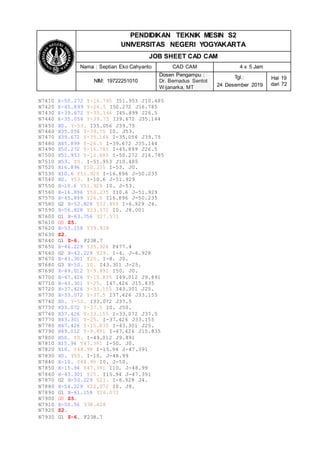 PENDIDIKAN TEKNIK MESIN S2
UNIVERSITAS NEGERI YOGYAKARTA
JOB SHEET CAD CAM
Nama : Septian Eko Cahyanto CAD CAM 4 x 5 Jam
NIM: 19722251010
Dosen Pengampu :
Dr. Bernadus Sentot
Wijanarka, MT
Tgl.:
24 Desember 2019
Hal 19
dari 72
N7410 X-50.272 Y-16.785 I51.953 J10.485
N7420 X-45.899 Y-26.5 I50.272 J16.785
N7430 X-39.672 Y-35.144 I45.899 J26.5
N7440 X-35.056 Y-39.75 I39.672 J35.144
N7450 X0. Y-53. I35.056 J39.75
N7460 X35.056 Y-39.75 I0. J53.
N7470 X39.672 Y-35.144 I-35.056 J39.75
N7480 X45.899 Y-26.5 I-39.672 J35.144
N7490 X50.272 Y-16.785 I-45.899 J26.5
N7500 X51.953 Y-10.485 I-50.272 J16.785
N7510 X53. Y0. I-51.953 J10.485
N7520 X16.896 Y50.235 I-53. J0.
N7530 X10.6 Y51.929 I-16.896 J-50.235
N7540 X0. Y53. I-10.6 J-51.929
N7550 X-10.6 Y51.929 I0. J-53.
N7560 X-16.896 Y50.235 I10.6 J-51.929
N7570 X-45.899 Y26.5 I16.896 J-50.235
N7580 G2 X-52.828 Y22.499 I-6.929 J4.
N7590 X-56.828 Y23.572 I0. J8.001
N7600 G1 X-63.756 Y27.572
N7610 G0 Z5.
N7620 X-53.158 Y39.928
N7630 Z2.
N7640 G1 Z-6. F238.7
N7650 X-46.229 Y35.928 F477.4
N7660 G2 X-42.229 Y29. I-4. J-6.928
N7670 X-43.301 Y25. I-8. J0.
N7680 G3 X-50. Y0. I43.301 J-25.
N7690 X-49.012 Y-9.891 I50. J0.
N7700 X-47.426 Y-15.835 I49.012 J9.891
N7710 X-43.301 Y-25. I47.426 J15.835
N7720 X-37.426 Y-33.155 I43.301 J25.
N7730 X-33.072 Y-37.5 I37.426 J33.155
N7740 X0. Y-50. I33.072 J37.5
N7750 X33.072 Y-37.5 I0. J50.
N7760 X37.426 Y-33.155 I-33.072 J37.5
N7770 X43.301 Y-25. I-37.426 J33.155
N7780 X47.426 Y-15.835 I-43.301 J25.
N7790 X49.012 Y-9.891 I-47.426 J15.835
N7800 X50. Y0. I-49.012 J9.891
N7810 X15.94 Y47.391 I-50. J0.
N7820 X10. Y48.99 I-15.94 J-47.391
N7830 X0. Y50. I-10. J-48.99
N7840 X-10. Y48.99 I0. J-50.
N7850 X-15.94 Y47.391 I10. J-48.99
N7860 X-43.301 Y25. I15.94 J-47.391
N7870 G2 X-50.229 Y21. I-6.928 J4.
N7880 X-54.229 Y22.072 I0. J8.
N7890 G1 X-61.158 Y26.072
N7900 G0 Z5.
N7910 X-50.56 Y38.428
N7920 Z2.
N7930 G1 Z-6. F238.7
 