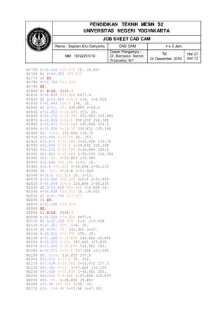 PENDIDIKAN TEKNIK MESIN S2
UNIVERSITAS NEGERI YOGYAKARTA
JOB SHEET CAD CAM
Nama : Septian Eko Cahyanto CAD CAM 4 x 5 Jam
NIM: 19722251010
Dosen Pengampu :
Dr. Bernadus Sentot
Wijanarka, MT
Tgl.:
24 Desember 2019
Hal 27
dari 72
N1750 X-59.426 Y25.072 I0. J8.001
N1760 G1 X-66.354 Y29.072
N1770 G0 Z5.
N1780 X-55.756 Y41.428
N1790 Z2.
N1800 G1 Z-12. F238.7
N1810 X-48.828 Y37.428 F477.4
N1820 G2 X-44.828 Y30.5 I-4. J-6.928
N1830 X-45.899 Y26.5 I-8. J0.
N1840 G3 X-53. Y0. I45.899 J-26.5
N1850 X-51.953 Y-10.485 I53. J0.
N1860 X-50.272 Y-16.785 I51.953 J10.485
N1870 X-45.899 Y-26.5 I50.272 J16.785
N1880 X-39.672 Y-35.144 I45.899 J26.5
N1890 X-35.056 Y-39.75 I39.672 J35.144
N1900 X0. Y-53. I35.056 J39.75
N1910 X35.056 Y-39.75 I0. J53.
N1920 X39.672 Y-35.144 I-35.056 J39.75
N1930 X45.899 Y-26.5 I-39.672 J35.144
N1940 X50.272 Y-16.785 I-45.899 J26.5
N1950 X51.953 Y-10.485 I-50.272 J16.785
N1960 X53. Y0. I-51.953 J10.485
N1970 X16.896 Y50.235 I-53. J0.
N1980 X10.6 Y51.929 I-16.896 J-50.235
N1990 X0. Y53. I-10.6 J-51.929
N2000 X-10.6 Y51.929 I0. J-53.
N2010 X-16.896 Y50.235 I10.6 J-51.929
N2020 X-45.899 Y26.5 I16.896 J-50.235
N2030 G2 X-52.828 Y22.499 I-6.929 J4.
N2040 X-56.828 Y23.572 I0. J8.001
N2050 G1 X-63.756 Y27.572
N2060 G0 Z5.
N2070 X-53.158 Y39.928
N2080 Z2.
N2090 G1 Z-12. F238.7
N2100 X-46.229 Y35.928 F477.4
N2110 G2 X-42.229 Y29. I-4. J-6.928
N2120 X-43.301 Y25. I-8. J0.
N2130 G3 X-50. Y0. I43.301 J-25.
N2140 X-49.012 Y-9.891 I50. J0.
N2150 X-47.426 Y-15.835 I49.012 J9.891
N2160 X-43.301 Y-25. I47.426 J15.835
N2170 X-37.426 Y-33.155 I43.301 J25.
N2180 X-33.072 Y-37.5 I37.426 J33.155
N2190 X0. Y-50. I33.072 J37.5
N2200 X33.072 Y-37.5 I0. J50.
N2210 X37.426 Y-33.155 I-33.072 J37.5
N2220 X43.301 Y-25. I-37.426 J33.155
N2230 X47.426 Y-15.835 I-43.301 J25.
N2240 X49.012 Y-9.891 I-47.426 J15.835
N2250 X50. Y0. I-49.012 J9.891
N2260 X15.94 Y47.391 I-50. J0.
N2270 X10. Y48.99 I-15.94 J-47.391
 