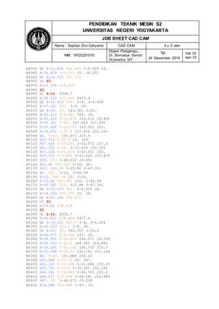 PENDIDIKAN TEKNIK MESIN S2
UNIVERSITAS NEGERI YOGYAKARTA
JOB SHEET CAD CAM
Nama : Septian Eko Cahyanto CAD CAM 4 x 5 Jam
NIM: 19722251010
Dosen Pengampu :
Dr. Bernadus Sentot
Wijanarka, MT
Tgl.:
24 Desember 2019
Hal 33
dari 72
N4930 G2 X-52.828 Y22.499 I-6.929 J4.
N4940 X-56.828 Y23.572 I0. J8.001
N4950 G1 X-63.756 Y27.572
N4960 G0 Z5.
N4970 X-53.158 Y39.928
N4980 Z2.
N4990 G1 Z-16. F238.7
N5000 X-46.229 Y35.928 F477.4
N5010 G2 X-42.229 Y29. I-4. J-6.928
N5020 X-43.301 Y25. I-8. J0.
N5030 G3 X-50. Y0. I43.301 J-25.
N5040 X-49.012 Y-9.891 I50. J0.
N5050 X-47.426 Y-15.835 I49.012 J9.891
N5060 X-43.301 Y-25. I47.426 J15.835
N5070 X-37.426 Y-33.155 I43.301 J25.
N5080 X-33.072 Y-37.5 I37.426 J33.155
N5090 X0. Y-50. I33.072 J37.5
N5100 X33.072 Y-37.5 I0. J50.
N5110 X37.426 Y-33.155 I-33.072 J37.5
N5120 X43.301 Y-25. I-37.426 J33.155
N5130 X47.426 Y-15.835 I-43.301 J25.
N5140 X49.012 Y-9.891 I-47.426 J15.835
N5150 X50. Y0. I-49.012 J9.891
N5160 X15.94 Y47.391 I-50. J0.
N5170 X10. Y48.99 I-15.94 J-47.391
N5180 X0. Y50. I-10. J-48.99
N5190 X-10. Y48.99 I0. J-50.
N5200 X-15.94 Y47.391 I10. J-48.99
N5210 X-43.301 Y25. I15.94 J-47.391
N5220 G2 X-50.229 Y21. I-6.928 J4.
N5230 X-54.229 Y22.072 I0. J8.
N5240 G1 X-61.158 Y26.072
N5250 G0 Z5.
N5260 X-50.56 Y38.428
N5270 Z2.
N5280 G1 Z-16. F238.7
N5290 X-43.631 Y34.428 F477.4
N5300 G2 X-39.631 Y27.5 I-4. J-6.928
N5310 X-40.703 Y23.5 I-8. J0.
N5320 G3 X-47. Y0. I40.703 J-23.5
N5330 X-46.071 Y-9.298 I47. J0.
N5340 X-44.581 Y-14.885 I46.071 J9.298
N5350 X-40.703 Y-23.5 I44.581 J14.885
N5360 X-35.181 Y-31.166 I40.703 J23.5
N5370 X-31.088 Y-35.25 I35.181 J31.166
N5380 X0. Y-47. I31.088 J35.25
N5390 X31.088 Y-35.25 I0. J47.
N5400 X35.181 Y-31.166 I-31.088 J35.25
N5410 X40.703 Y-23.5 I-35.181 J31.166
N5420 X44.581 Y-14.885 I-40.703 J23.5
N5430 X46.071 Y-9.298 I-44.581 J14.885
N5440 X47. Y0. I-46.071 J9.298
N5450 X14.984 Y44.548 I-47. J0.
 