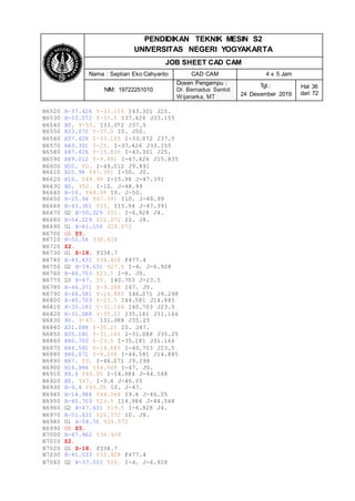 PENDIDIKAN TEKNIK MESIN S2
UNIVERSITAS NEGERI YOGYAKARTA
JOB SHEET CAD CAM
Nama : Septian Eko Cahyanto CAD CAM 4 x 5 Jam
NIM: 19722251010
Dosen Pengampu :
Dr. Bernadus Sentot
Wijanarka, MT
Tgl.:
24 Desember 2019
Hal 36
dari 72
N6520 X-37.426 Y-33.155 I43.301 J25.
N6530 X-33.072 Y-37.5 I37.426 J33.155
N6540 X0. Y-50. I33.072 J37.5
N6550 X33.072 Y-37.5 I0. J50.
N6560 X37.426 Y-33.155 I-33.072 J37.5
N6570 X43.301 Y-25. I-37.426 J33.155
N6580 X47.426 Y-15.835 I-43.301 J25.
N6590 X49.012 Y-9.891 I-47.426 J15.835
N6600 X50. Y0. I-49.012 J9.891
N6610 X15.94 Y47.391 I-50. J0.
N6620 X10. Y48.99 I-15.94 J-47.391
N6630 X0. Y50. I-10. J-48.99
N6640 X-10. Y48.99 I0. J-50.
N6650 X-15.94 Y47.391 I10. J-48.99
N6660 X-43.301 Y25. I15.94 J-47.391
N6670 G2 X-50.229 Y21. I-6.928 J4.
N6680 X-54.229 Y22.072 I0. J8.
N6690 G1 X-61.158 Y26.072
N6700 G0 Z5.
N6710 X-50.56 Y38.428
N6720 Z2.
N6730 G1 Z-18. F238.7
N6740 X-43.631 Y34.428 F477.4
N6750 G2 X-39.631 Y27.5 I-4. J-6.928
N6760 X-40.703 Y23.5 I-8. J0.
N6770 G3 X-47. Y0. I40.703 J-23.5
N6780 X-46.071 Y-9.298 I47. J0.
N6790 X-44.581 Y-14.885 I46.071 J9.298
N6800 X-40.703 Y-23.5 I44.581 J14.885
N6810 X-35.181 Y-31.166 I40.703 J23.5
N6820 X-31.088 Y-35.25 I35.181 J31.166
N6830 X0. Y-47. I31.088 J35.25
N6840 X31.088 Y-35.25 I0. J47.
N6850 X35.181 Y-31.166 I-31.088 J35.25
N6860 X40.703 Y-23.5 I-35.181 J31.166
N6870 X44.581 Y-14.885 I-40.703 J23.5
N6880 X46.071 Y-9.298 I-44.581 J14.885
N6890 X47. Y0. I-46.071 J9.298
N6900 X14.984 Y44.548 I-47. J0.
N6910 X9.4 Y46.05 I-14.984 J-44.548
N6920 X0. Y47. I-9.4 J-46.05
N6930 X-9.4 Y46.05 I0. J-47.
N6940 X-14.984 Y44.548 I9.4 J-46.05
N6950 X-40.703 Y23.5 I14.984 J-44.548
N6960 G2 X-47.631 Y19.5 I-6.928 J4.
N6970 X-51.631 Y20.572 I0. J8.
N6980 G1 X-58.56 Y24.572
N6990 G0 Z5.
N7000 X-47.962 Y36.928
N7010 Z2.
N7020 G1 Z-18. F238.7
N7030 X-41.033 Y32.928 F477.4
N7040 G2 X-37.033 Y26. I-4. J-6.928
 