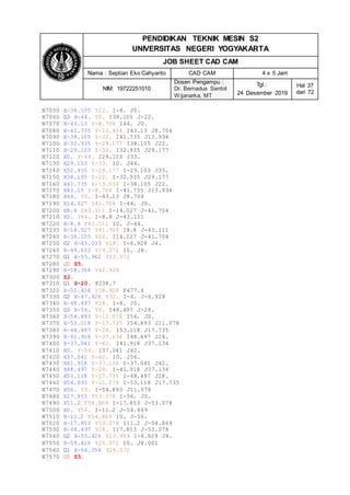 PENDIDIKAN TEKNIK MESIN S2
UNIVERSITAS NEGERI YOGYAKARTA
JOB SHEET CAD CAM
Nama : Septian Eko Cahyanto CAD CAM 4 x 5 Jam
NIM: 19722251010
Dosen Pengampu :
Dr. Bernadus Sentot
Wijanarka, MT
Tgl.:
24 Desember 2019
Hal 37
dari 72
N7050 X-38.105 Y22. I-8. J0.
N7060 G3 X-44. Y0. I38.105 J-22.
N7070 X-43.13 Y-8.704 I44. J0.
N7080 X-41.735 Y-13.934 I43.13 J8.704
N7090 X-38.105 Y-22. I41.735 J13.934
N7100 X-32.935 Y-29.177 I38.105 J22.
N7110 X-29.103 Y-33. I32.935 J29.177
N7120 X0. Y-44. I29.103 J33.
N7130 X29.103 Y-33. I0. J44.
N7140 X32.935 Y-29.177 I-29.103 J33.
N7150 X38.105 Y-22. I-32.935 J29.177
N7160 X41.735 Y-13.934 I-38.105 J22.
N7170 X43.13 Y-8.704 I-41.735 J13.934
N7180 X44. Y0. I-43.13 J8.704
N7190 X14.027 Y41.704 I-44. J0.
N7200 X8.8 Y43.111 I-14.027 J-41.704
N7210 X0. Y44. I-8.8 J-43.111
N7220 X-8.8 Y43.111 I0. J-44.
N7230 X-14.027 Y41.704 I8.8 J-43.111
N7240 X-38.105 Y22. I14.027 J-41.704
N7250 G2 X-45.033 Y18. I-6.928 J4.
N7260 X-49.033 Y19.072 I0. J8.
N7270 G1 X-55.962 Y23.072
N7280 G0 Z5.
N7290 X-58.354 Y42.928
N7300 Z2.
N7310 G1 Z-20. F238.7
N7320 X-51.426 Y38.928 F477.4
N7330 G2 X-47.426 Y32. I-4. J-6.928
N7340 X-48.497 Y28. I-8. J0.
N7350 G3 X-56. Y0. I48.497 J-28.
N7360 X-54.893 Y-11.078 I56. J0.
N7370 X-53.118 Y-17.735 I54.893 J11.078
N7380 X-48.497 Y-28. I53.118 J17.735
N7390 X-41.918 Y-37.134 I48.497 J28.
N7400 X-37.041 Y-42. I41.918 J37.134
N7410 X0. Y-56. I37.041 J42.
N7420 X37.041 Y-42. I0. J56.
N7430 X41.918 Y-37.134 I-37.041 J42.
N7440 X48.497 Y-28. I-41.918 J37.134
N7450 X53.118 Y-17.735 I-48.497 J28.
N7460 X54.893 Y-11.078 I-53.118 J17.735
N7470 X56. Y0. I-54.893 J11.078
N7480 X17.853 Y53.078 I-56. J0.
N7490 X11.2 Y54.869 I-17.853 J-53.078
N7500 X0. Y56. I-11.2 J-54.869
N7510 X-11.2 Y54.869 I0. J-56.
N7520 X-17.853 Y53.078 I11.2 J-54.869
N7530 X-48.497 Y28. I17.853 J-53.078
N7540 G2 X-55.426 Y23.999 I-6.929 J4.
N7550 X-59.426 Y25.072 I0. J8.001
N7560 G1 X-66.354 Y29.072
N7570 G0 Z5.
 
