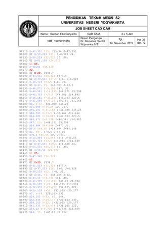 PENDIDIKAN TEKNIK MESIN S2
UNIVERSITAS NEGERI YOGYAKARTA
JOB SHEET CAD CAM
Nama : Septian Eko Cahyanto CAD CAM 4 x 5 Jam
NIM: 19722251010
Dosen Pengampu :
Dr. Bernadus Sentot
Wijanarka, MT
Tgl.:
24 Desember 2019
Hal 39
dari 72
N8110 X-43.301 Y25. I15.94 J-47.391
N8120 G2 X-50.229 Y21. I-6.928 J4.
N8130 X-54.229 Y22.072 I0. J8.
N8140 G1 X-61.158 Y26.072
N8150 G0 Z5.
N8160 X-50.56 Y38.428
N8170 Z2.
N8180 G1 Z-20. F238.7
N8190 X-43.631 Y34.428 F477.4
N8200 G2 X-39.631 Y27.5 I-4. J-6.928
N8210 X-40.703 Y23.5 I-8. J0.
N8220 G3 X-47. Y0. I40.703 J-23.5
N8230 X-46.071 Y-9.298 I47. J0.
N8240 X-44.581 Y-14.885 I46.071 J9.298
N8250 X-40.703 Y-23.5 I44.581 J14.885
N8260 X-35.181 Y-31.166 I40.703 J23.5
N8270 X-31.088 Y-35.25 I35.181 J31.166
N8280 X0. Y-47. I31.088 J35.25
N8290 X31.088 Y-35.25 I0. J47.
N8300 X35.181 Y-31.166 I-31.088 J35.25
N8310 X40.703 Y-23.5 I-35.181 J31.166
N8320 X44.581 Y-14.885 I-40.703 J23.5
N8330 X46.071 Y-9.298 I-44.581 J14.885
N8340 X47. Y0. I-46.071 J9.298
N8350 X14.984 Y44.548 I-47. J0.
N8360 X9.4 Y46.05 I-14.984 J-44.548
N8370 X0. Y47. I-9.4 J-46.05
N8380 X-9.4 Y46.05 I0. J-47.
N8390 X-14.984 Y44.548 I9.4 J-46.05
N8400 X-40.703 Y23.5 I14.984 J-44.548
N8410 G2 X-47.631 Y19.5 I-6.928 J4.
N8420 X-51.631 Y20.572 I0. J8.
N8430 G1 X-58.56 Y24.572
N8440 G0 Z5.
N8450 X-47.962 Y36.928
N8460 Z2.
N8470 G1 Z-20. F238.7
N8480 X-41.033 Y32.928 F477.4
N8490 G2 X-37.033 Y26. I-4. J-6.928
N8500 X-38.105 Y22. I-8. J0.
N8510 G3 X-44. Y0. I38.105 J-22.
N8520 X-43.13 Y-8.704 I44. J0.
N8530 X-41.735 Y-13.934 I43.13 J8.704
N8540 X-38.105 Y-22. I41.735 J13.934
N8550 X-32.935 Y-29.177 I38.105 J22.
N8560 X-29.103 Y-33. I32.935 J29.177
N8570 X0. Y-44. I29.103 J33.
N8580 X29.103 Y-33. I0. J44.
N8590 X32.935 Y-29.177 I-29.103 J33.
N8600 X38.105 Y-22. I-32.935 J29.177
N8610 X41.735 Y-13.934 I-38.105 J22.
N8620 X43.13 Y-8.704 I-41.735 J13.934
N8630 X44. Y0. I-43.13 J8.704
 
