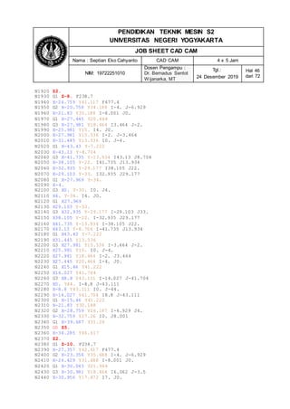 PENDIDIKAN TEKNIK MESIN S2
UNIVERSITAS NEGERI YOGYAKARTA
JOB SHEET CAD CAM
Nama : Septian Eko Cahyanto CAD CAM 4 x 5 Jam
NIM: 19722251010
Dosen Pengampu :
Dr. Bernadus Sentot
Wijanarka, MT
Tgl.:
24 Desember 2019
Hal 46
dari 72
N1920 Z2.
N1930 G1 Z-8. F238.7
N1940 X-24.759 Y41.117 F477.4
N1950 G2 X-20.758 Y34.188 I-4. J-6.929
N1960 X-21.83 Y30.188 I-8.001 J0.
N1970 G1 X-27.445 Y20.464
N1980 G3 X-27.981 Y18.464 I3.464 J-2.
N1990 X-25.981 Y15. I4. J0.
N2000 X-27.981 Y15.536 I-2. J-3.464
N2010 X-31.445 Y13.536 I0. J-4.
N2020 G1 X-43.43 Y-7.222
N2030 X-43.13 Y-8.704
N2040 G3 X-41.735 Y-13.934 I43.13 J8.704
N2050 X-38.105 Y-22. I41.735 J13.934
N2060 X-32.935 Y-29.177 I38.105 J22.
N2070 X-29.103 Y-33. I32.935 J29.177
N2080 G1 X-27.969 Y-34.
N2090 X-4.
N2100 G3 X0. Y-30. I0. J4.
N2110 X4. Y-34. I4. J0.
N2120 G1 X27.969
N2130 X29.103 Y-33.
N2140 G3 X32.935 Y-29.177 I-29.103 J33.
N2150 X38.105 Y-22. I-32.935 J29.177
N2160 X41.735 Y-13.934 I-38.105 J22.
N2170 X43.13 Y-8.704 I-41.735 J13.934
N2180 G1 X43.43 Y-7.222
N2190 X31.445 Y13.536
N2200 G3 X27.981 Y15.536 I-3.464 J-2.
N2210 X25.981 Y15. I0. J-4.
N2220 X27.981 Y18.464 I-2. J3.464
N2230 X27.445 Y20.464 I-4. J0.
N2240 G1 X15.46 Y41.222
N2250 X14.027 Y41.704
N2260 G3 X8.8 Y43.111 I-14.027 J-41.704
N2270 X0. Y44. I-8.8 J-43.111
N2280 X-8.8 Y43.111 I0. J-44.
N2290 X-14.027 Y41.704 I8.8 J-43.111
N2300 G1 X-15.46 Y41.222
N2310 X-21.83 Y30.188
N2320 G2 X-28.759 Y26.187 I-6.929 J4.
N2330 X-32.759 Y27.26 I0. J8.001
N2340 G1 X-39.687 Y31.26
N2350 G0 Z5.
N2360 X-34.285 Y46.617
N2370 Z2.
N2380 G1 Z-10. F238.7
N2390 X-27.357 Y42.617 F477.4
N2400 G2 X-23.356 Y35.688 I-4. J-6.929
N2410 X-24.429 Y31.688 I-8.001 J0.
N2420 G1 X-30.043 Y21.964
N2430 G3 X-30.981 Y18.464 I6.062 J-3.5
N2440 X-30.956 Y17.872 I7. J0.
 
