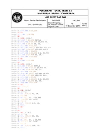 PENDIDIKAN TEKNIK MESIN S2
UNIVERSITAS NEGERI YOGYAKARTA
JOB SHEET CAD CAM
Nama : Septian Eko Cahyanto CAD CAM 4 x 5 Jam
NIM: 19722251010
Dosen Pengampu :
Dr. Bernadus Sentot
Wijanarka, MT
Tgl.:
24 Desember 2019
Hal 60
dari 72
N9340 G1 X-46.869 Y-13.204
N9350 G0 Z5.
N9360 X-33.369 Y-36.586
N9370 Z2.
N9380 G1 Z-10. F238.7
N9390 X-37.369 Y-29.658 F477.4
N9400 G2 X-38.441 Y-25.658 I6.928 J4.
N9410 X-34.441 Y-18.73 I8. J0.
N9420 G1 X-23.867 Y-12.625
N9430 G3 X-23.383 Y-13.5 I23.867 J12.625
N9440 X-22.867 Y-14.357 I23.383 J13.5
N9450 G1 X-33.441 Y-20.462
N9460 G2 X-37.441 Y-21.534 I-4. J6.928
N9470 X-44.369 Y-17.534 I0. J8.
N9480 G1 X-48.369 Y-10.606
N9490 G0 Z5.
N9500 X-34.869 Y-33.988
N9510 Z2.
N9520 G1 Z-10. F238.7
N9530 X-38.869 Y-27.06 F477.4
N9540 G2 X-39.941 Y-23.06 I6.928 J4.
N9550 X-35.941 Y-16.132 I8. J0.
N9560 G1 X-22.494 Y-8.368
N9570 G3 X-20.785 Y-12. I22.494 J8.368
N9580 X-18.494 Y-15.296 I20.785 J12.
N9590 G1 X-31.941 Y-23.06
N9600 G2 X-35.941 Y-24.132 I-4. J6.928
N9610 X-42.869 Y-20.132 I0. J8.
N9620 G1 X-46.869 Y-13.204
N9630 G0 Z5.
N9640 X15. Y10.33
N9650 Z2.
N9660 G1 Z-2. F238.7
N9670 X7. F477.4
N9680 G2 X-1. Y18.33 I0. J8.
N9690 G1 Y32.985
N9700 G2 X0. Y33. I1. J-32.985
N9710 X1. Y32.985 I0. J-33.
N9720 G1 Y18.33
N9730 G2 X-7. Y10.33 I-8. J0.
N9740 G1 X-15.
N9750 G0 Z5.
N9760 X12.
N9770 Z2.
N9780 G1 Z-2. F238.7
N9790 X4. F477.4
N9800 G2 X-4. Y18.33 I0. J8.
N9810 G1 Y35.777
N9820 G2 X0. Y36. I4. J-35.777
N9830 X4. Y35.777 I0. J-36.
N9840 G1 Y18.33
N9850 G2 X-4. Y10.33 I-8. J0.
N9860 G1 X-12.
 