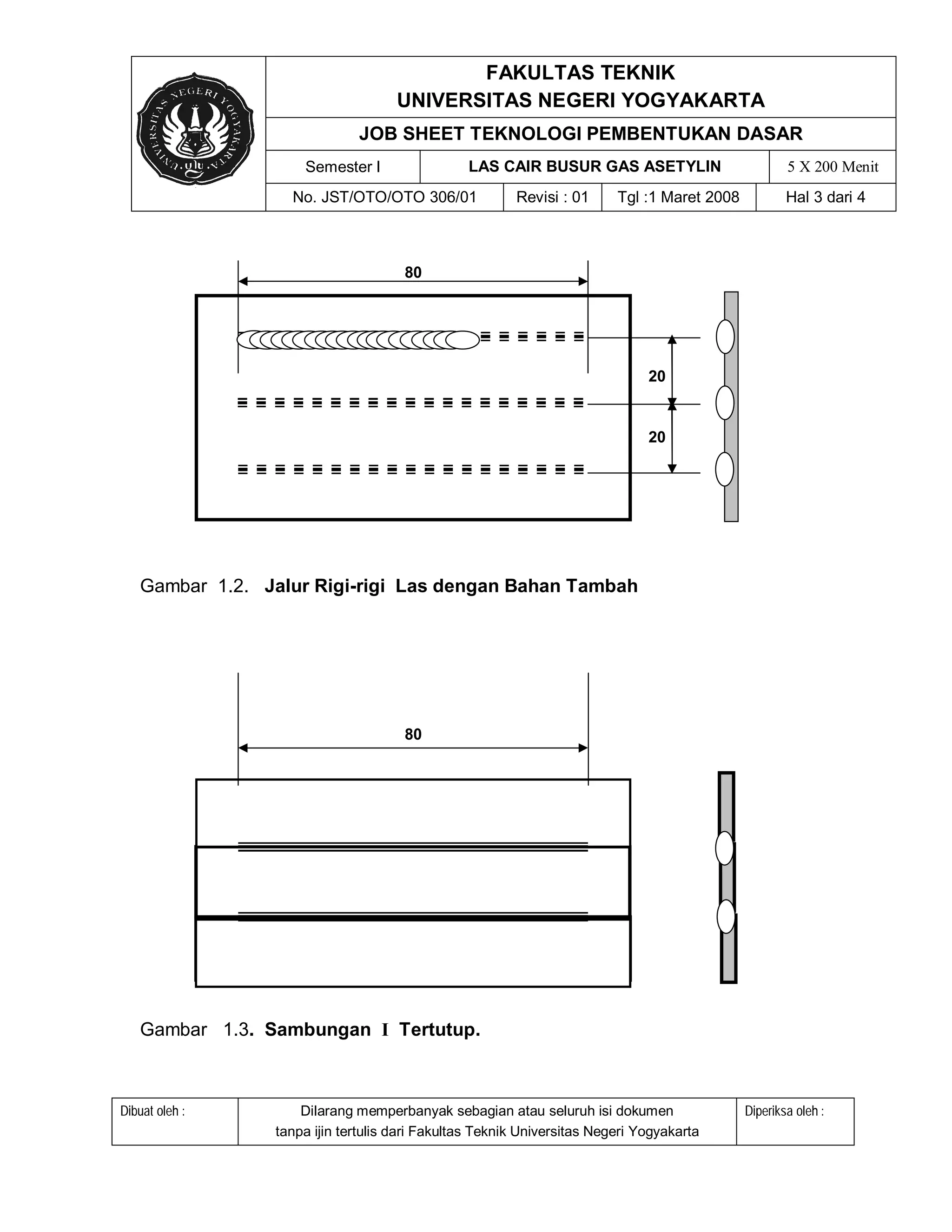 FAKULTAS TEKNIK
                                    UNIVERSITAS NEGERI YOGYAKARTA
                             JOB SHEET TEKNOLOGI PEMBENTUKAN DASAR
                    Semester I                 LAS CAIR BUSUR GAS ASETYLIN                          5 X 200 Menit
                  No. JST/OTO/OTO 306/01               Revisi : 01      Tgl :1 Maret 2008           Hal 3 dari 4



                                     80




                                                                             20


                                                                             20




   Gambar 1.2. Jalur Rigi-rigi Las dengan Bahan Tambah




                                     80




   Gambar 1.3. Sambungan І Tertutup.



Dibuat oleh :       Dilarang memperbanyak sebagian atau seluruh isi dokumen                 Diperiksa oleh :
                tanpa ijin tertulis dari Fakultas Teknik Universitas Negeri Yogyakarta
 