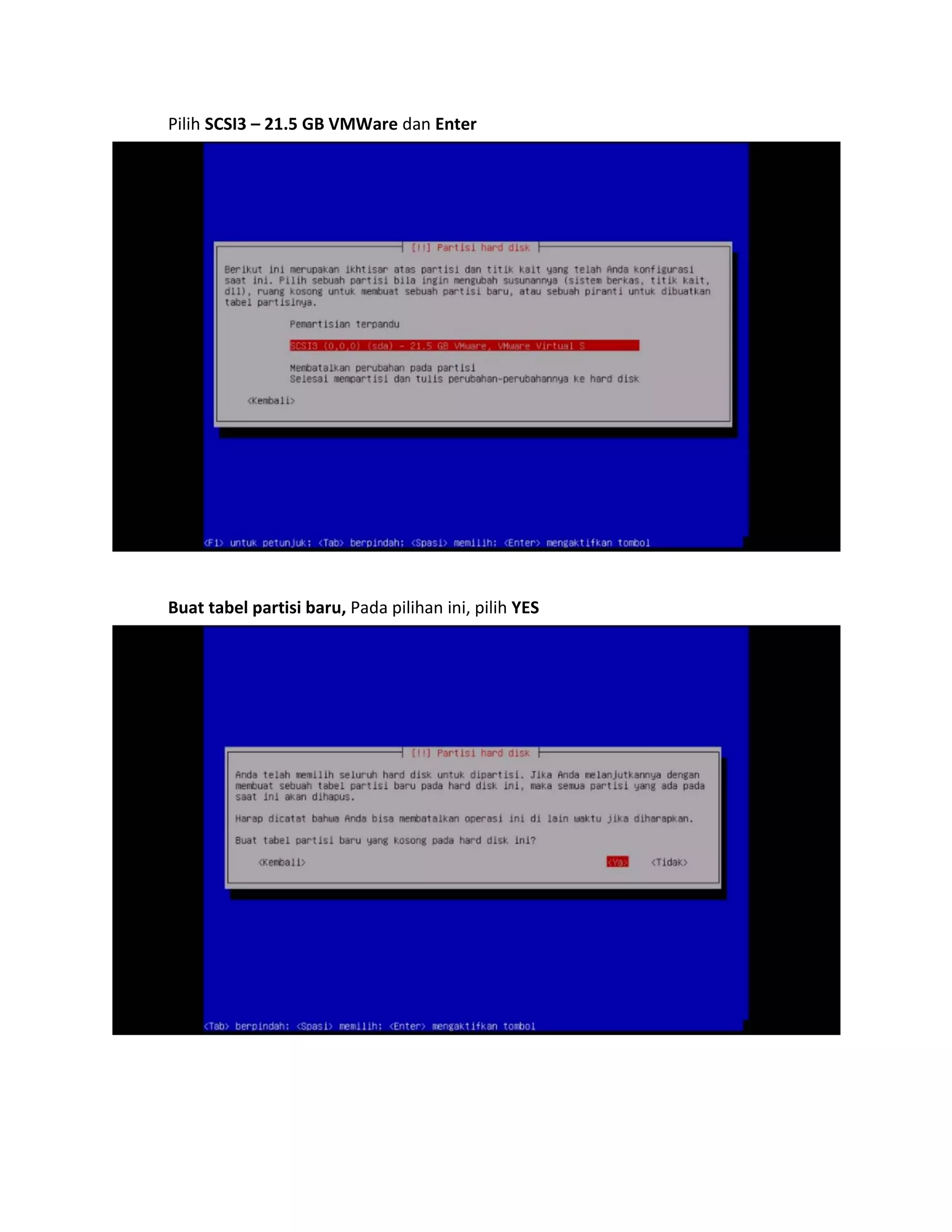 Pilih SCSI3 – 21.5 GB VMWare dan Enter 
Buat tabel partisi baru, Pada pilihan ini, pilih YES 
 