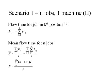 Scenario 1 – n jobs, 1 machine (II)
Flow time for job in kth position is:
Mean flow time for n jobs:
∑=
=
k
i
ik PF
1
][][
n
P
n
F
F
n
k
k
i
i
n
k
k ∑∑∑ = ==
== 1 1
][
1
][
n
Pin
F
n
i
i∑=
+−
= 1
)1(
 