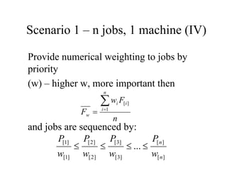 Scenario 1 – n jobs, 1 machine (IV)
Provide numerical weighting to jobs by
priority
(w) – higher w, more important then
and jobs are sequenced by:
n
Fw
F
n
i
ii
w
∑=
= 1
][
][
][
]3[
]3[
]2[
]2[
]1[
]1[
...
n
n
w
P
w
P
w
P
w
P
≤≤≤≤
 