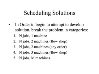 Scheduling Solutions
• In Order to begin to attempt to develop
solution, break the problem in categories:
1. N jobs, 1 machine
2. N jobs, 2 machines (flow shop)
3. N jobs, 2 machines (any order)
4. N jobs, 3 machines (flow shop)
5. N jobs, M machines
 