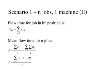 Scenario 1 – n jobs, 1 machine (II)
Mean flow time for n jobs:
k
Flow time for job in kth position is:
F[k]  P[i]
i1
n n
n n k
F  k1
 k1 i1
F[k] P[i]
n
(n i 1)Pi
F  i1
n
 