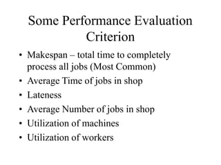 Some Performance Evaluation
Criterion
• Makespan – total time to completely
process all jobs (Most Common)
• Average Time of jobs in shop
• Lateness
• Average Number of jobs in shop
• Utilization of machines
• Utilization of workers
 
