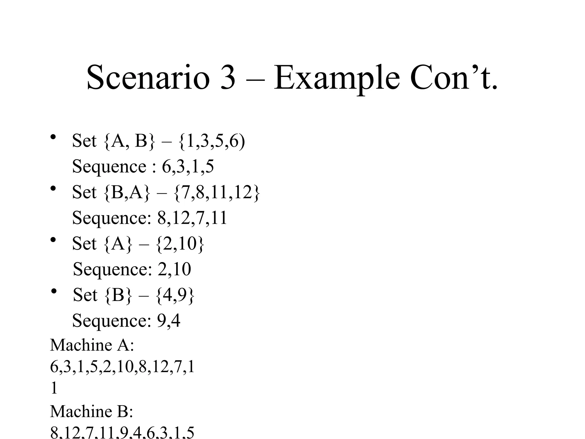 Scenario 3 – Example Con’t.
• Set {A, B} – {1,3,5,6)
Sequence : 6,3,1,5
• Set {B,A} – {7,8,11,12}
Sequence: 8,12,7,11
• Set {A} – {2,10}
Sequence: 2,10
• Set {B} – {4,9}
Sequence: 9,4
Machine A:
6,3,1,5,2,10,8,12,7,1
1
Machine B:
8,12,7,11,9,4,6,3,1,5
 
