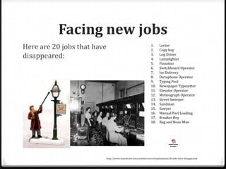 Facing new jobs
Here are 20 jobs that have                                    1.
                                                              2.
                                                                     Lector
                                                                     Copy boy
disappeared:                                                  3.
                                                              4.
                                                                     Log Driver
                                                                     Lamplighter
                                                              5.     Pinsetter
                                                              6.     Switchboard Operator
                                                              7.     Ice Delivery
                                                              8.     Dictaphone Operator
                                                              9.     Typing Pool
                                                              10.    Newspaper Typesetter
                                                              11.    Elevator Operator
                                                              12.    Mimeograph Operator
                                                              13.    Street Sweeper
                                                              14.    Sandman
                                                              15.    Sawyer
                                                              16.    Manual Part Loading
                                                              17.    Breaker Boy
                                                              18.    Rag and Bone Man




                         http://www.mainstreet.com/article/career/employment/20-jobs-have-disappeared
 