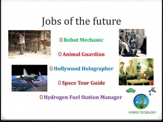 Jobs of the future
       0 Robot Mechanic

       0 Animal Guardian

   0 Hollywood Holographer

      0 Space Tour Guide

0 Hydrogen Fuel Station Manager
 