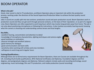 BOOM OPERATOR
What is the job?
Good, clear sound is vital to TV productions, and Boom Operators play an important role within the production
process, working under the direction of the Sound Supervisor/Production Mixer to achieve the best quality sound
recording.
Jobs in sound are usually split into two sections: production sound and post–production sound. Boom Operators work in
production sound and they can get work through personal contacts, on the basis of their reputation, or as part of a regular
crew. Boom Operators are often expected to work long hours which may involve long periods away from home. The job is
not only about positioning microphones or following the instructions, it also involves accurately hearing sound, knowing
what the camera is shooting and understanding camera lenses and focal lengths.
Key Skills…
-excellent hearing, concentration and attention to detail
-knowledge of microphone characteristics, lighting techniques and camera angles
-good hand/eye co–ordination;
-physical strength and excellent balance
-good memory for dialogue
-good communication and team skills
-sensitivity when working with artistes and crew members
-willingness to work long and irregular hours
Training/Qualifications…
Although there are no formal entry requirements for Boom Operators, there are Courses are available throughout the
UK, including City & Guilds qualifications, BTEC National Certificates and Diplomas, Foundation degrees and first
degrees, and postgraduate degrees and diplomas. Relevant subjects include audio and recording technology, sound
engineering, music technology, film and TV production, and media production (sound recording).

 