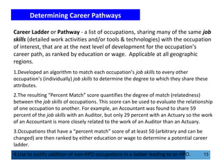 Determining Career Pathways
13
Career Ladder or Pathway - a list of occupations, sharing many of the same job
skills (detailed work activities and/or tools & technologies) with the occupation
of interest, that are at the next level of development for the occupation’s
career path, as ranked by education or wage. Applicable at all geographic
regions.
1.Developed an algorithm to match each occupation’s job skills to every other
occupation’s (individually) job skills to determine the degree to which they share these
attributes.
2.The resulting “Percent Match” score quantifies the degree of match (relatedness)
between the job skills of occupations. This score can be used to evaluate the relationship
of one occupation to another. For example, an Accountant was found to share 59
percent of the job skills with an Auditor, but only 29 percent with an Actuary so the work
of an Accountant is more closely related to the work of an Auditor than an Actuary.
3.Occupations that have a “percent match” score of at least 50 (arbitrary and can be
changed) are then ranked by either education or wage to determine a potential career
ladder.
4.Use to justify addition of non-HPO occupations in a ladder leading to an HPO.
 