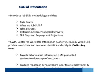Goal of PresentationGoal of Presentation
• Introduce Job Skills methodology and data
 Data Source
 What are Job Skills?
 Job Skills Uses
 Determining Career Ladders/Pathways
 Skill Gaps and Employment Projections
• CWIA, Center for Workforce Information & Analysis, (bureau within L&I)
produces workforce and economic statistics and analysis. CWIA’s key
roles:
 Provide labor market information (LMI) products &
services to wide range of customers
 Produce reports on Pennsylvania’s labor force (employment &
unemployment), employers, industries, occupations, and wages 2
 