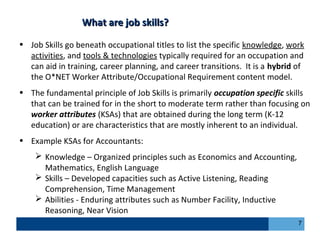 What aWhat are job skills?What are job skills?
Job Skills?
• Job Skills go beneath occupational titles to list the specific knowledge, work
activities, and tools & technologies typically required for an occupation and
can aid in training, career planning, and career transitions. It is a hybrid of
the O*NET Worker Attribute/Occupational Requirement content model.
• The fundamental principle of Job Skills is primarily occupation specific skills
that can be trained for in the short to moderate term rather than focusing on
worker attributes (KSAs) that are obtained during the long term (K-12
education) or are characteristics that are mostly inherent to an individual.
• Example KSAs for Accountants:
 Knowledge – Organized principles such as Economics and Accounting,
Mathematics, English Language
 Skills – Developed capacities such as Active Listening, Reading
Comprehension, Time Management
 Abilities - Enduring attributes such as Number Facility, Inductive
Reasoning, Near Vision
7
 