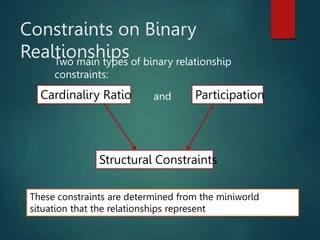 Constraints on Binary
Realtionships
These constraints are determined from the miniworld
situation that the relationships represent
Two main types of binary relationship
constraints:
Participation
Cardinaliry Ratio
Structural Constraints
and
 