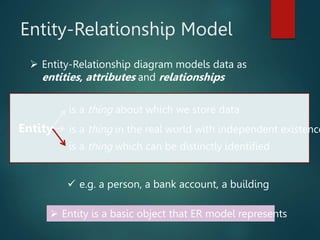 Entity-Relationship Model
 Entity-Relationship diagram models data as
entities, attributes and relationships
is a thing which can be distinctly identified
is a thing about which we store data
Entity
 e.g. a person, a bank account, a building
is a thing in the real world with independent existence
 Entity is a basic object that ER model represents
 