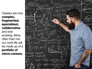 Careers are now
complex,
fragmented,
specialized,
collaborative
and ever
evolving. More
often than not,
our work life will
be made up of a
portfolio of
micro-careers.
 