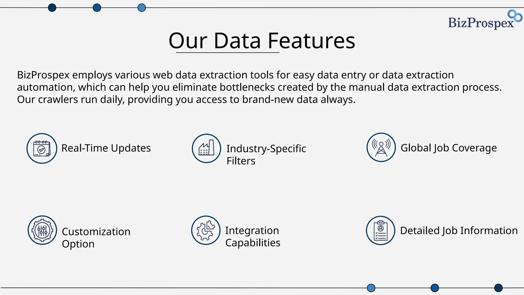 Our Data Features
BizProspex employs various web data extraction tools for easy data entry or data extraction
automation, which can help you eliminate bottlenecks created by the manual data extraction process.
Our crawlers run daily, providing you access to brand-new data always.
Global Job Coverage
Detailed Job Information
Industry-Specific
Filters
Integration
Capabilities
Real-Time Updates
Customization
Option
 
