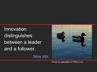 Innovation distinguishes between a leader  and a follower. Steve Jobs Photo by pasujoba on Flickr.com  