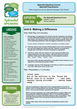Splendid Speaking Course
                                                                    Splendid Expressions
                                                  ”Ideal companions for the Splendid Speaking Task Sheets”




                                                                              The Splendid Speaking Course
                                                                              Volume 1 Unit 2
                                                                              ‘Active Listening’




                                            Unit 8: Making a Difference
                                            Task: Role Play (3-4 minutes)
Topic vocabulary                             1. Introduction: In preparation for a Careers Fair the organisers are looking
To make a valuable                              to invite TWO guest speakers from the world of work. To help them make
contribution.                                   their choice, you and your partner have been asked to decide which two
To be a good role model                         of the following professions make the biggest contribution to society:
To have an impact on
To look up to somebody                          Doctors | Writers | Politicians | Teachers | Scientists | Journalists | Artists
To work tirelessly
To inspire others                            2. Planning: Spend a few minutes thinking about which of the professions
To take responsibility                          you rate more highly than others and why. However, be prepared to
To offer an essential service                   change your mind later in the face of persuasive arguments!
To make a sacrifice
To lay down one’s life                       3. Task focus: Work with your partner to reach agreement rather than
To serve the public/nation                      simply arguing for your own choices. Ask your partner for his/her
To offer moral/spiritual                        opinions, using open-ended questions to encourage full answers:
guidance                                        Why … Where … What … Tell me … How …
To be lost without someone
                                                Use some of the role play expressions on the left to show interest in or to
Role play expressions                           respond to comments your partner makes.
You were saying …
You mentioned …                              4. Language: Tick any of the language on the left you want to use to present
The point you made about …                      your case. Write down some of your own.
was interesting.
That’s a good point.                        Task: Presentation (1-2 minutes)
You’ve got a point there.
You’re absolutely correct.
Precisely!                                     latest news ...
I see what you mean but …
I see what you’re getting at                   One of the balloons in the ‘Round the
but …                                          World’ race is in trouble .... last seen
But don’t you think …                          rapidly losing altitude .... rescue teams
                                               ready ...

                                              The seven professions above each have a representative in one hot air
                                              balloon, which is losing altitude very quickly! Only two professions can be
                                              saved – five must be handed a parachute and ejected!

                                              Work in groups and choose one of the professions to support. Make sure
                                              each group has a different profession. Plan a 1-2 minute presentation
Listen to Ekaterina and
Lachesara from Bulgaria                       outlining why your person should be allowed to stay in the balloon. Then
    talking on a similar                      nominate one person from your group to stand up and deliver the
       subject. See the                       presentation.
    December archives
       ( I n t e r vi e w 8 ) a t :           Finally, hold a class vote to see which two professions remain in the
 s p l e n d i d- s p e a k i n g . c o m     balloon.
 