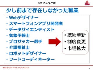5
株式会社HEART QUAKE All Rights Reserved.
ジョブスタとは
・Webデザイナー
・スマートフォンアプリ開発者
・データサイエンティスト
・気象予報士
・プロサッカー選手
・介護福祉士
・ロボットデザイナー
・フードコーディネーター
少し前まで存在しなかった職業
• 技術革新
• 制度変更
• 市場拡大
 