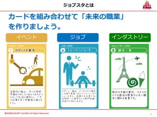 7
株式会社HEART QUAKE All Rights Reserved.
ジョブスタとは
カードを組み合わせて「未来の職業」
を作りましょう。
イベント ジョブ インダストリー
 