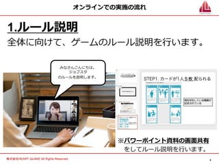 9
株式会社HEART QUAKE All Rights Reserved.
みなさんこんにちは。
ジョブスタ
のルールを説明します。
オンラインでの実施の流れ
1.ルール説明
全体に向けて、ゲームのルール説明を行います。
※パワーポイント資料の画面共有
をしてルール説明を行います。
 