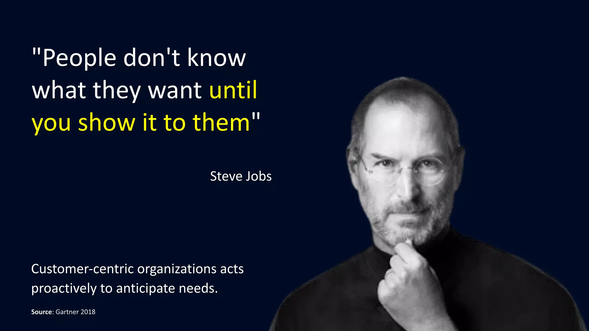 Customer-centric organizations acts
proactively to anticipate needs.
Source: Gartner 2018
"People don't know
what they want until
you show it to them"
Steve Jobs
 