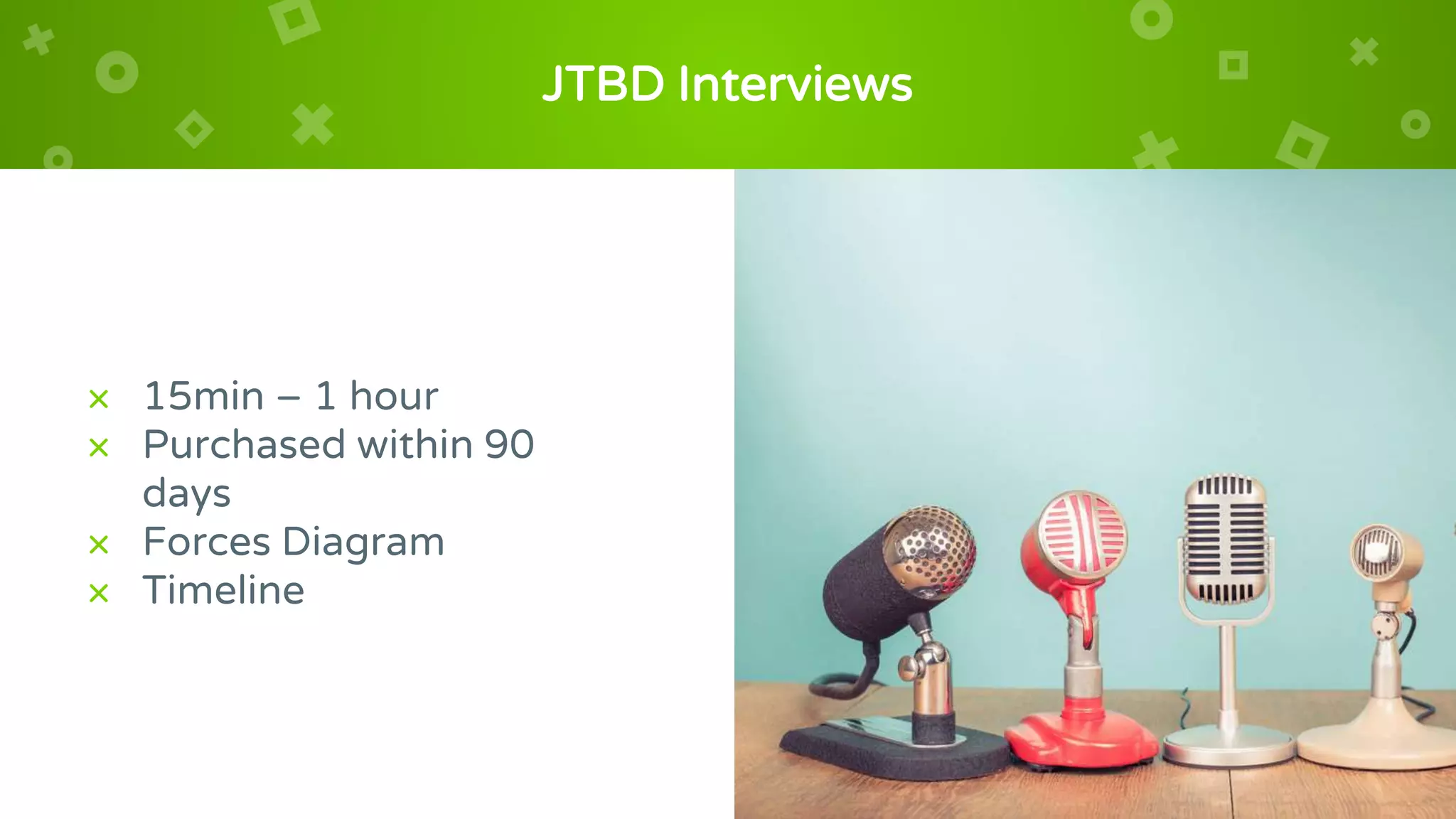 JTBD Interviews
× 15min – 1 hour
× Purchased within 90
days
× Forces Diagram
× Timeline
 