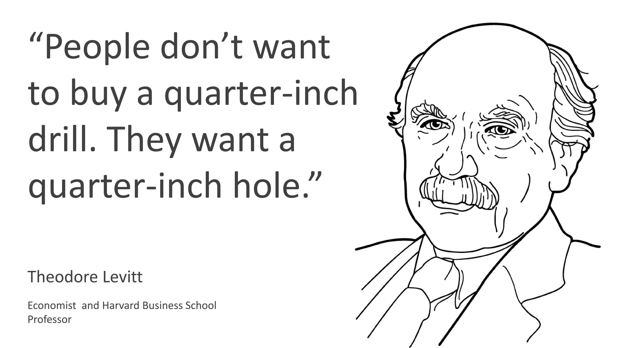 “People don’t want
to buy a quarter-inch
drill. They want a
quarter-inch hole.”
Theodore Levitt
Economist and Harvard Business School
Professor
 