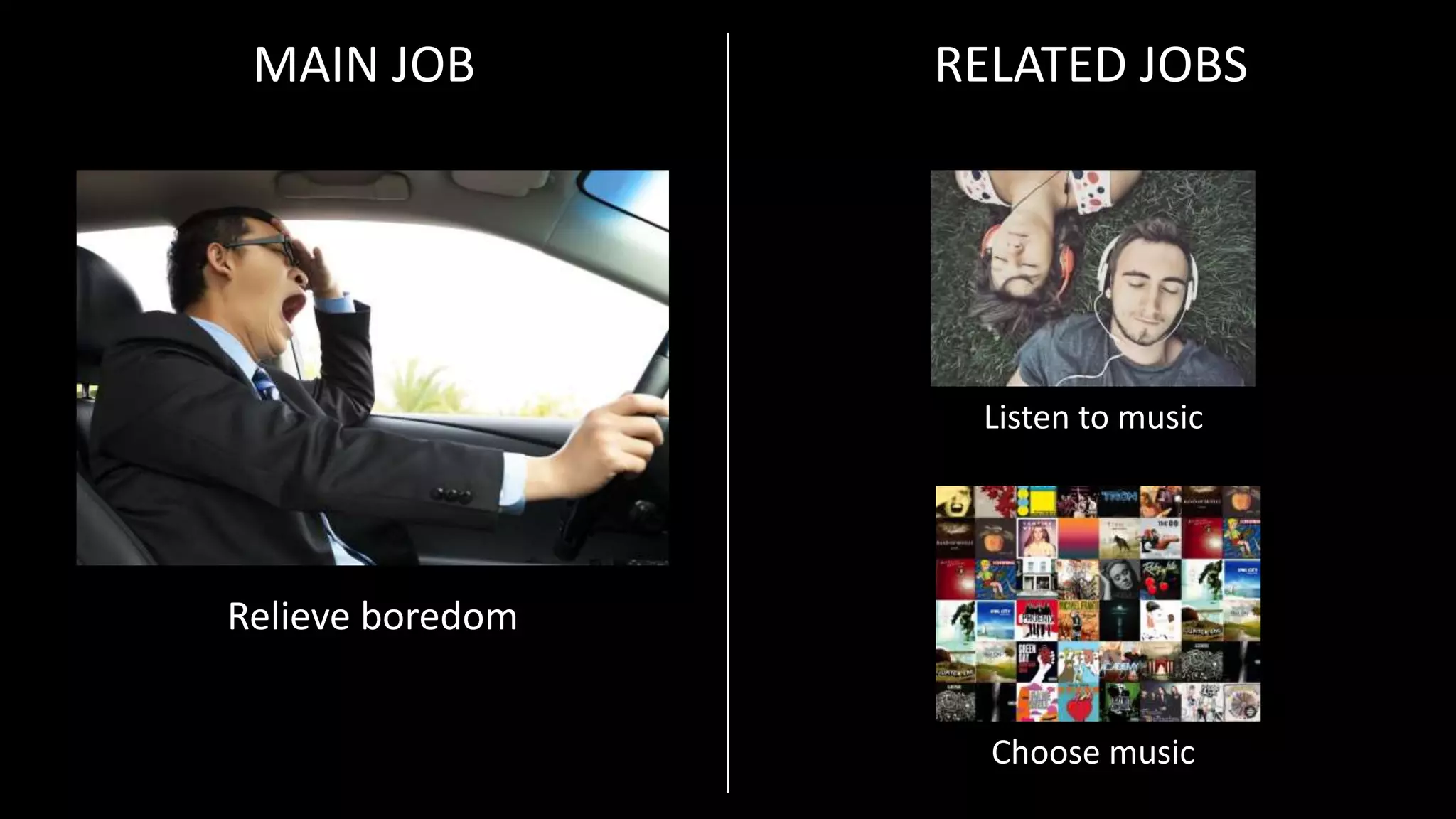 MAIN JOB RELATED JOBS
Relieve boredom
Choose music
Listen to music
 