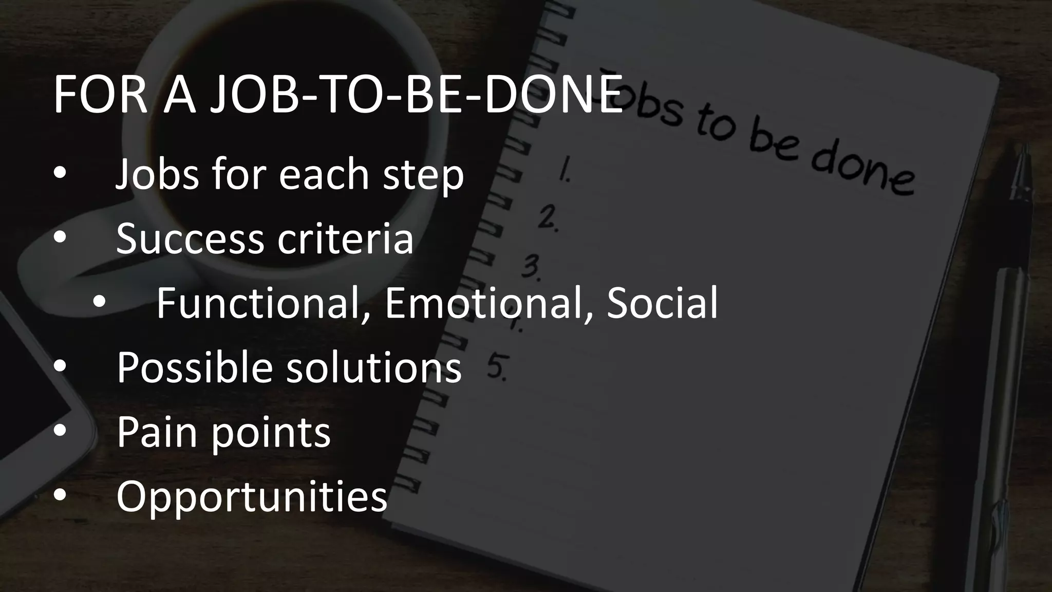 FOR A JOB-TO-BE-DONE
• Jobs for each step
• Success criteria
• Functional, Emotional, Social
• Possible solutions
• Pain points
• Opportunities
 